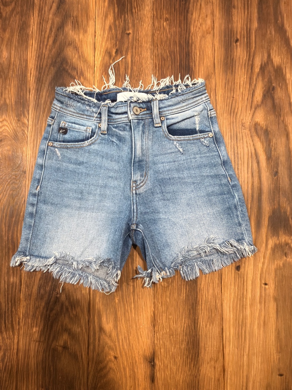 KanCan Light Blue Frayed-Hem High-Rise Denim Shorts